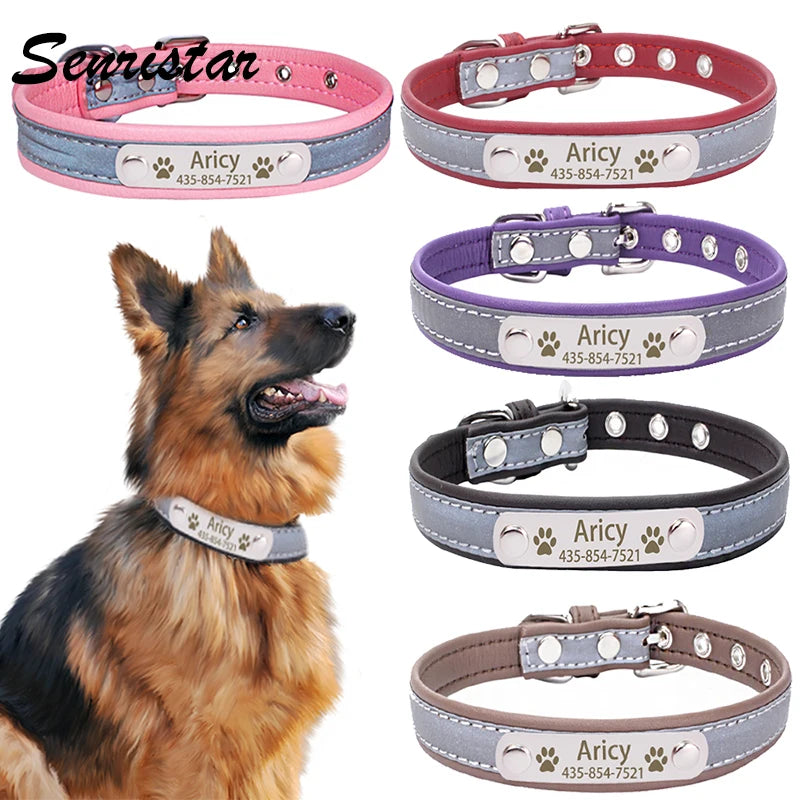 Leather Dog Collar Personalized Reflective Pet Collar Engraved ID Tag Nameplate For Small Medium Large Dogs Puppy Cat Pitbull