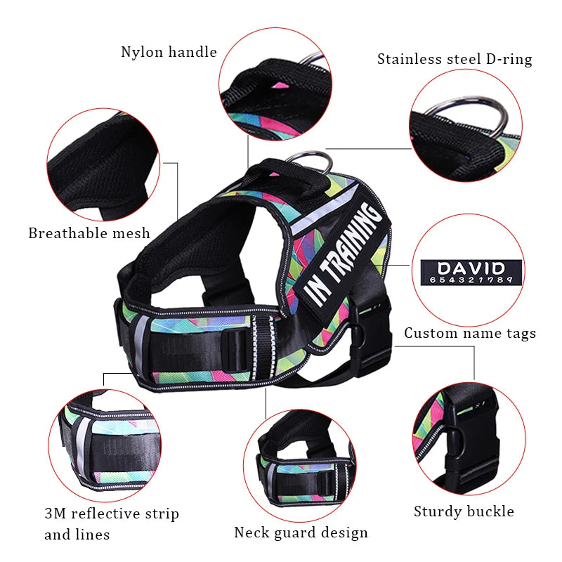 KOMMILIFE Nylon Adjustable Dog Harness Personalized Pet K9 Harness For Dogs Reflective Breathable Pet Dog Harness No Pull