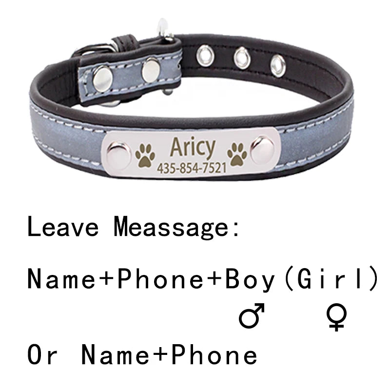 Leather Dog Collar Personalized Reflective Pet Collar Engraved ID Tag Nameplate For Small Medium Large Dogs Puppy Cat Pitbull