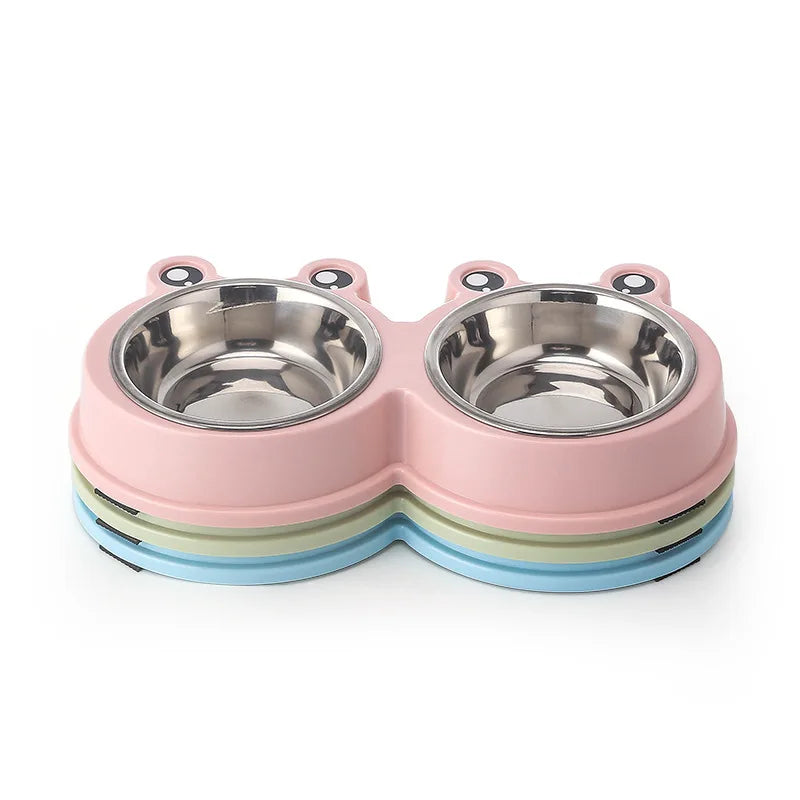 Pet Supplies & Pet Cute Small Frog Stainless Steel Double Bowl Non-slip Pet Bowl Dog Bowl Cat and Dog Food Basin