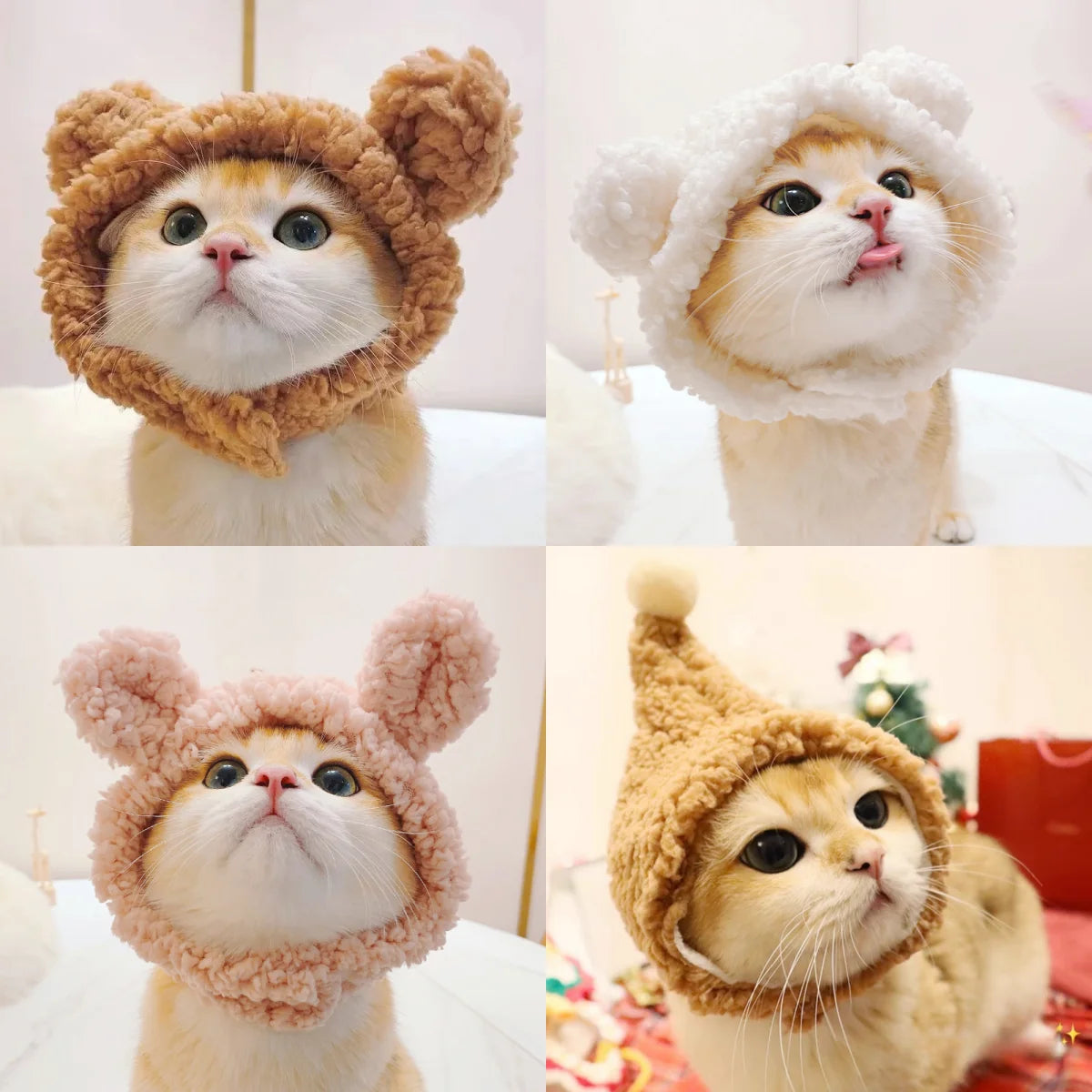 Funny Cat Cap Bear Plush Head Cover Cute Cat Dog Woven Warm Headdress Pet Hat Kitten Puppy Cosplay Costume Accessories