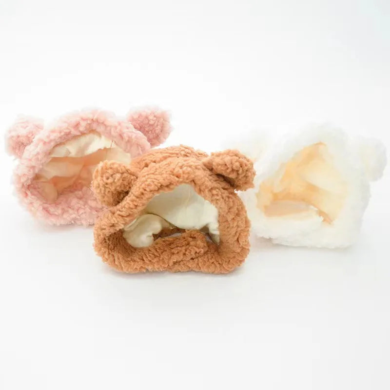 Funny Cat Cap Bear Plush Head Cover Cute Cat Dog Woven Warm Headdress Pet Hat Kitten Puppy Cosplay Costume Accessories