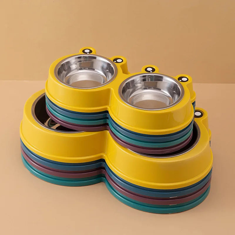 Pet Supplies & Pet Cute Small Frog Stainless Steel Double Bowl Non-slip Pet Bowl Dog Bowl Cat and Dog Food Basin
