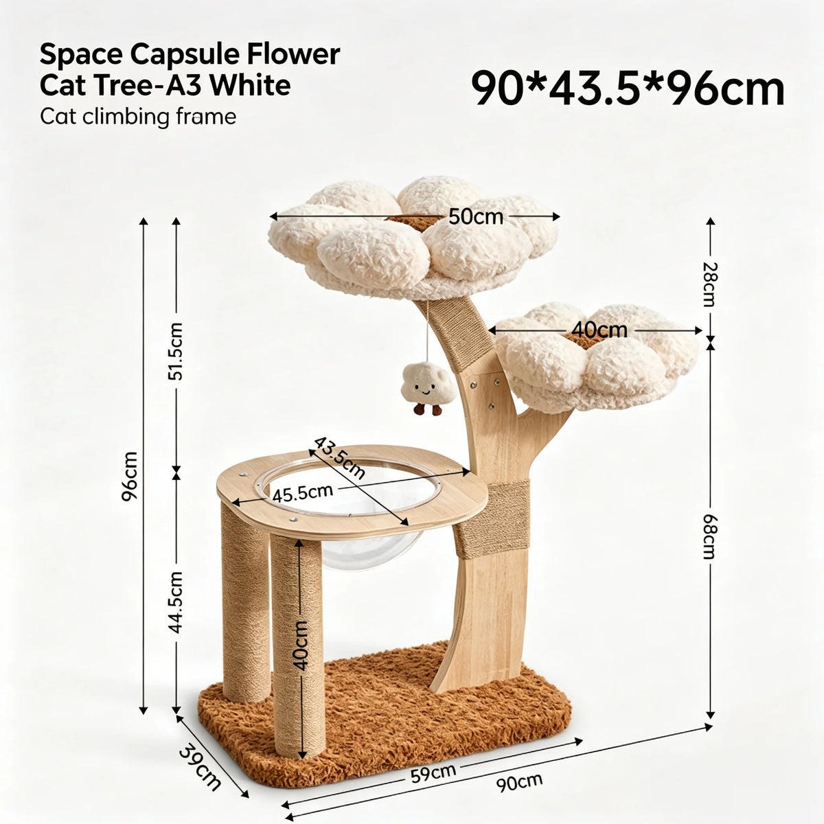 105cm Tall Pink Flower Cat Tree Tower with Scratching Post Wood Branch Cat Cushioned Bed Hanging Ball Toy Cat Scratching Post
