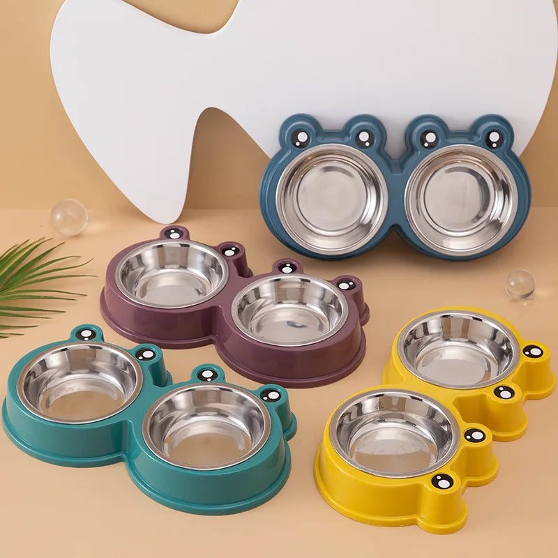 Pet Supplies & Pet Cute Small Frog Stainless Steel Double Bowl Non-slip Pet Bowl Dog Bowl Cat and Dog Food Basin