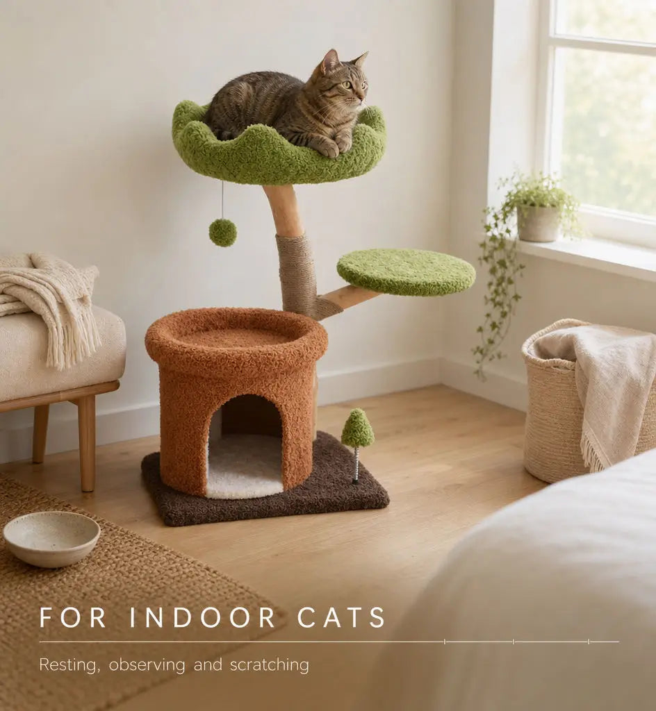 Luxury Natural Wood Christmas Cat Tree with Observation Tower Plush Climber Tunnel & Hanging Ball for Indoor Cats