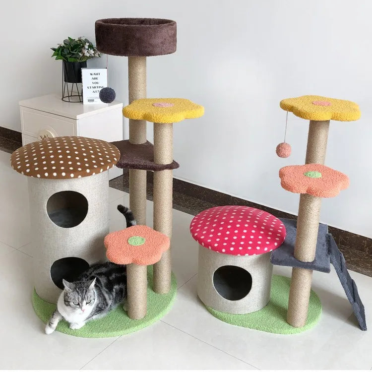 Eco Friendly Christmas Tall 4-Level Cat Condo Multiple Entry Points Hidden Caves Sisal Covered Posts Plush Padded Resting Areas