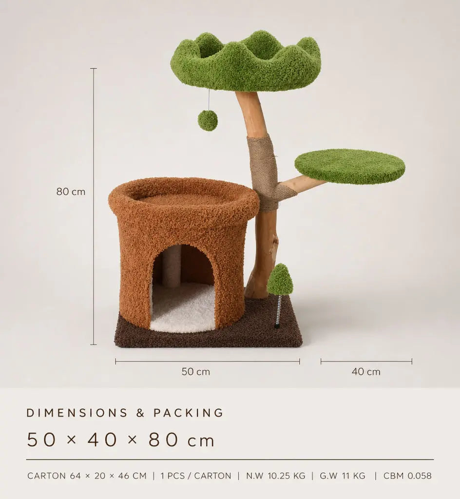 Luxury Natural Wood Christmas Cat Tree with Observation Tower Plush Climber Tunnel & Hanging Ball for Indoor Cats