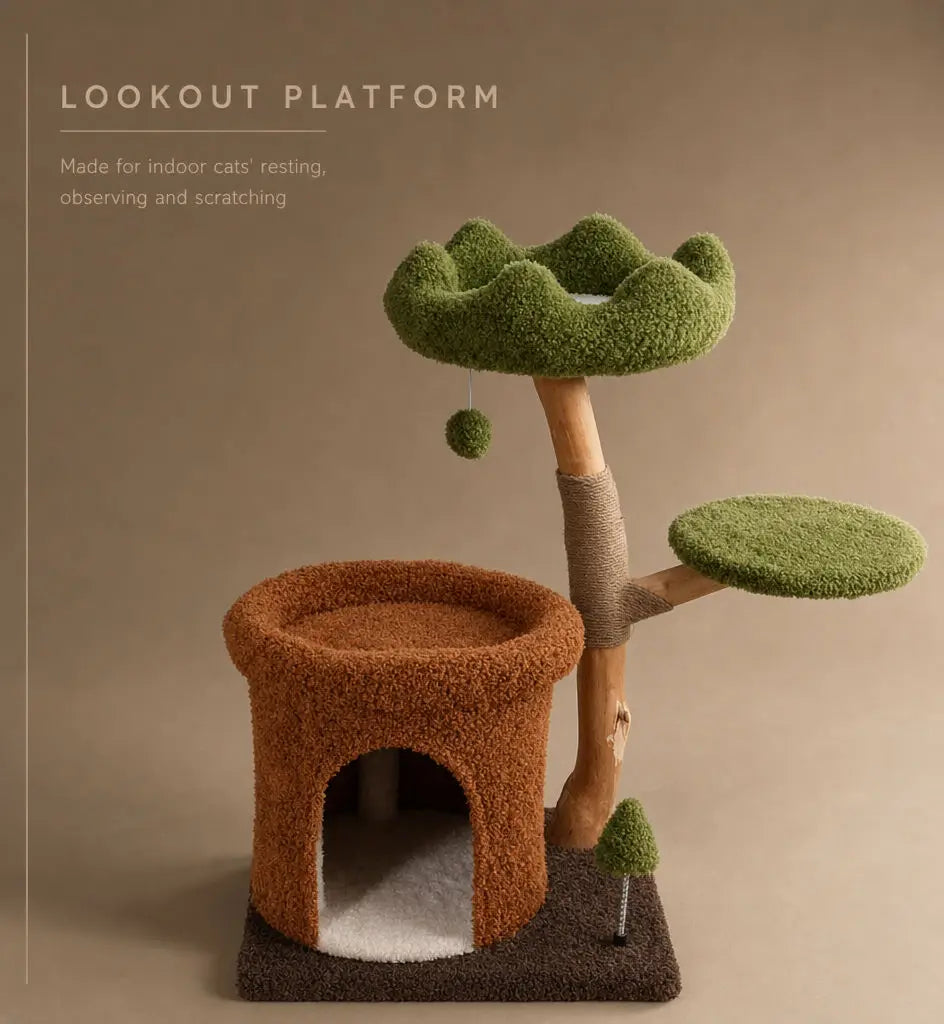 Luxury Natural Wood Christmas Cat Tree with Observation Tower Plush Climber Tunnel & Hanging Ball for Indoor Cats