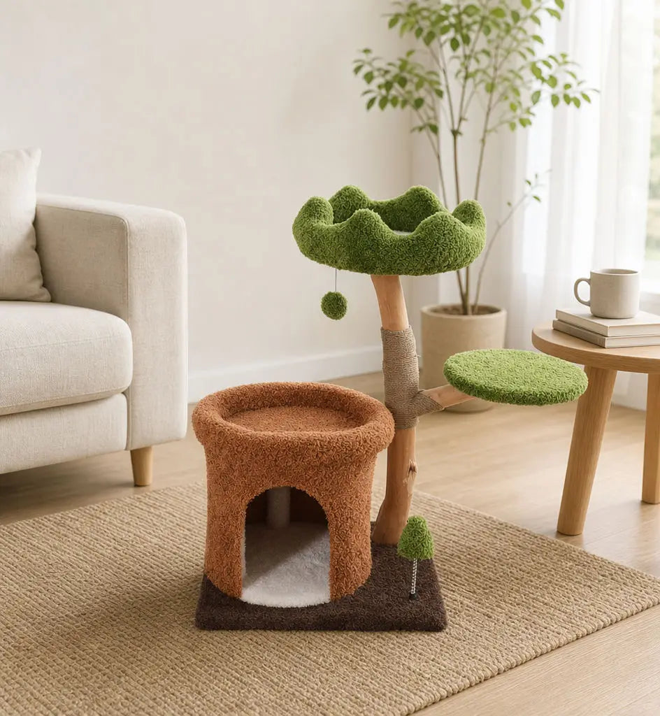 Luxury Natural Wood Christmas Cat Tree with Observation Tower Plush Climber Tunnel & Hanging Ball for Indoor Cats