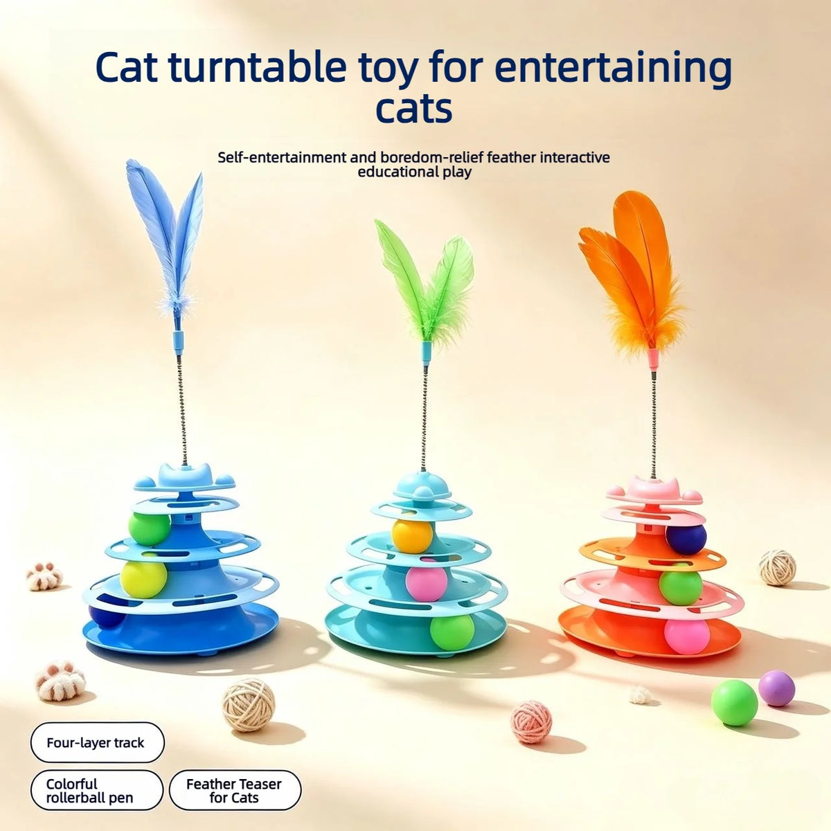 Cat Turntable Track Toy 4 Level Tower Interactive Play Toy With Feather Teaser For Kitten Cat