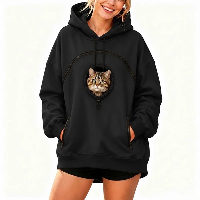 Women Pet Carrier Hoodie Long Sleeve Cat Warm Pullover Hooded Sweatshirt With Cat Pocket Oversized Pet Holding Drawstring Hoodie