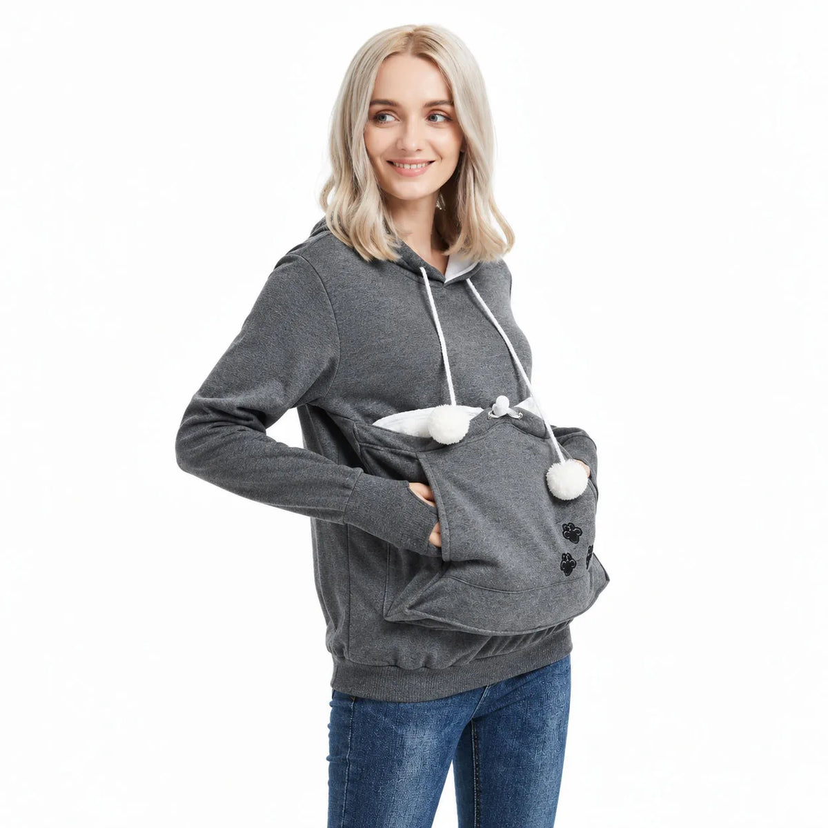 Women Fleece Hoodie Large Pet Pocket Cat Carrier Sweatshirt Winter Warm Oversized Soft Pullover Cozy Casual Top for Cat Lovers