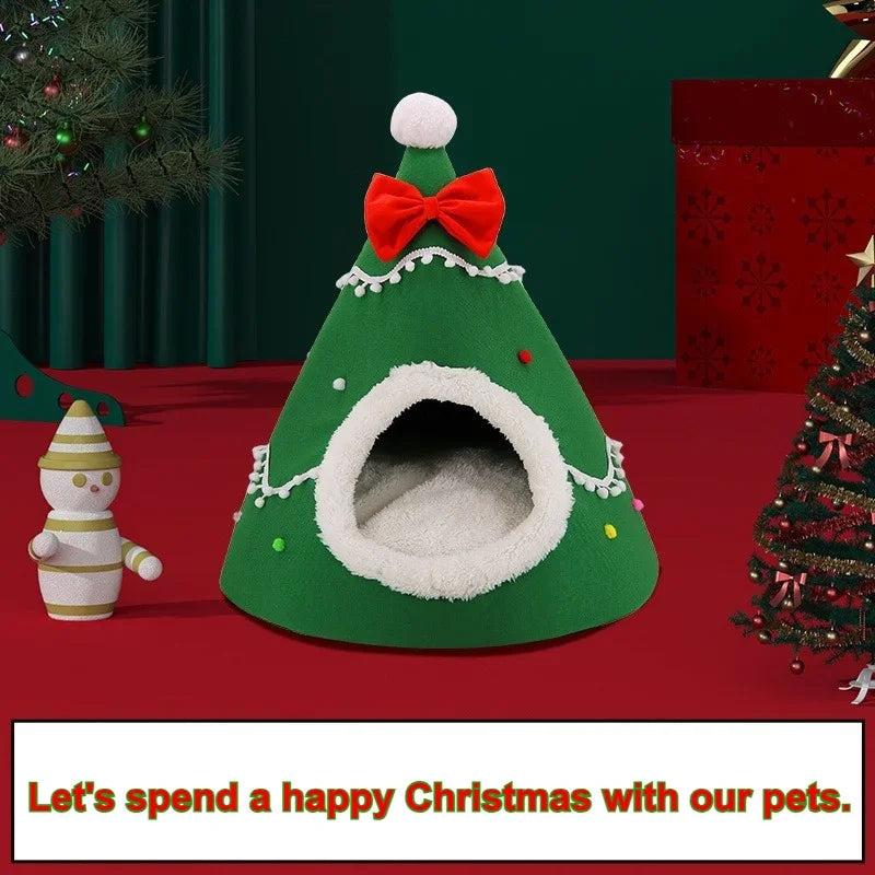 Creative Christmas Tree Cat Nest Winter Thicken Warmth Semi-closed Pet House Wtih Detachable Cushion Christmas Pet Supplies 숨숨집