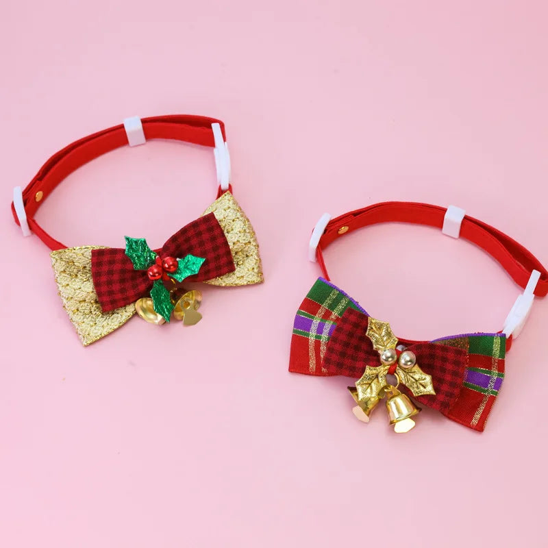 Christmas Pet Collar with Bow Tie Bells, Adjustable Breakaway Cat Dog Collar, Xmas Holiday Neck Decoration for Small Medium Pets