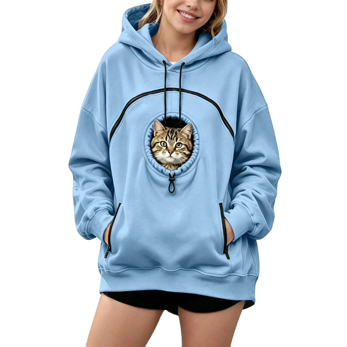 Women Pet Carrier Hoodie Long Sleeve Cat Warm Pullover Hooded Sweatshirt With Cat Pocket Oversized Pet Holding Drawstring Hoodie