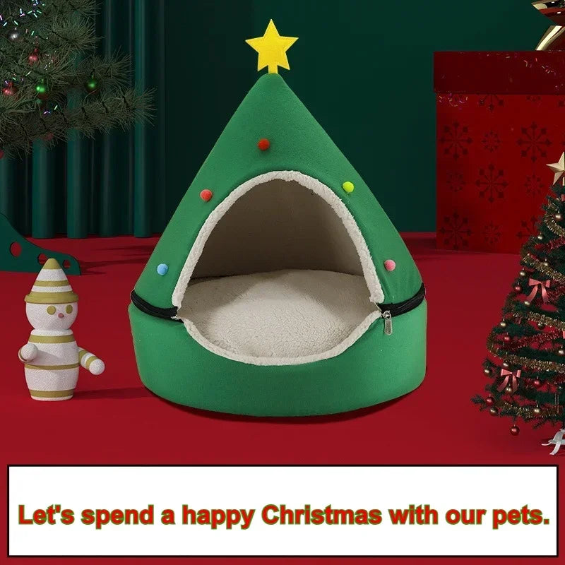 Creative Christmas Tree Cat Nest Winter Thicken Warmth Semi-closed Pet House Wtih Detachable Cushion Christmas Pet Supplies 숨숨집