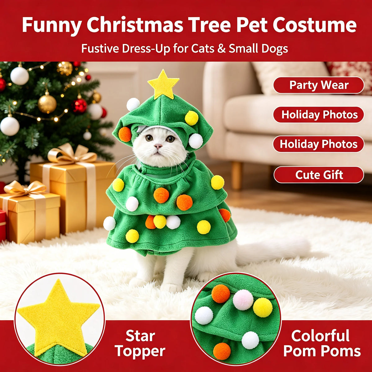 Christmas Dog Cat Costume Xmas Tree Outfit Warm Hooded Adjustable Puppy Kitten Clothes Funny Festive Pet Dress WinterSweaterCoat
