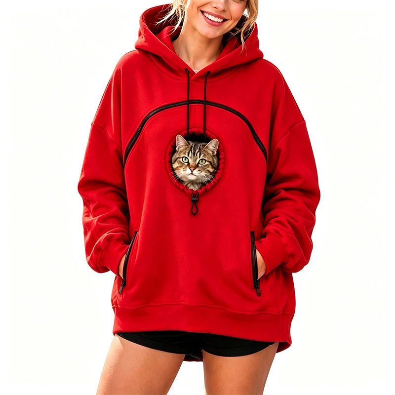 Women Pet Carrier Hoodie Long Sleeve Cat Warm Pullover Hooded Sweatshirt With Cat Pocket Oversized Pet Holding Drawstring Hoodie