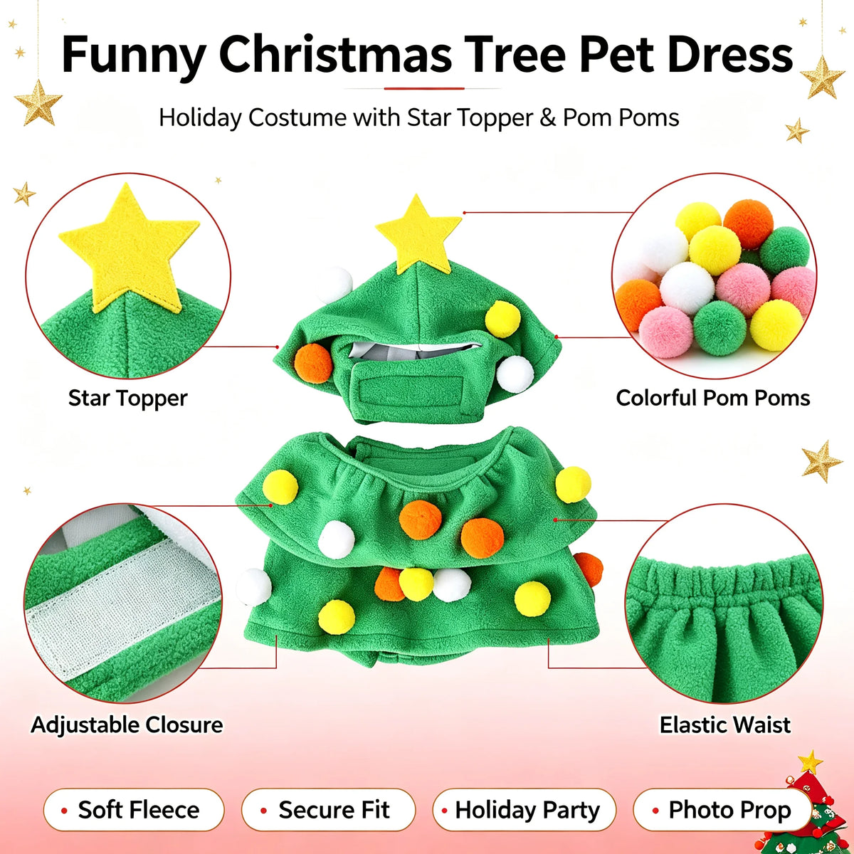Christmas Dog Cat Costume Xmas Tree Outfit Warm Hooded Adjustable Puppy Kitten Clothes Funny Festive Pet Dress WinterSweaterCoat