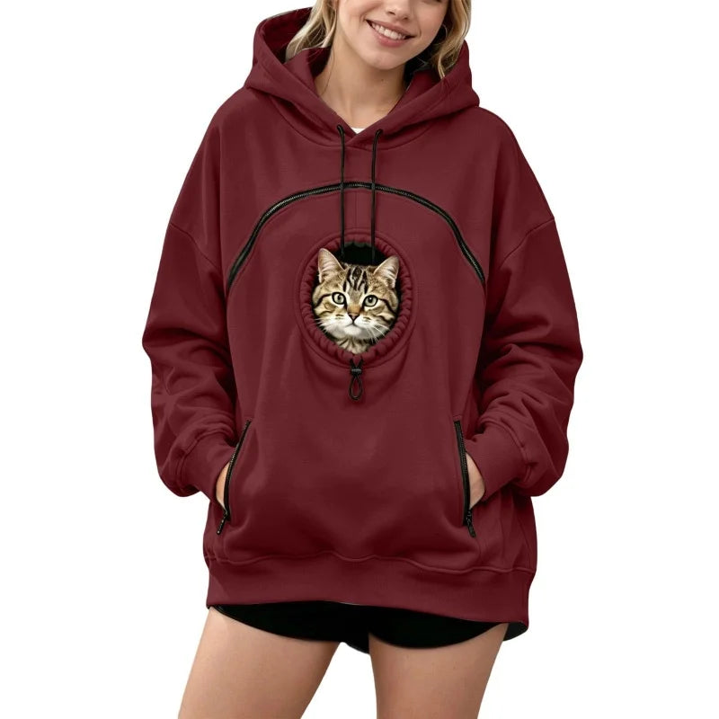 Women Pet Carrier Hoodie Long Sleeve Cat Warm Pullover Hooded Sweatshirt With Cat Pocket Oversized Pet Holding Drawstring Hoodie