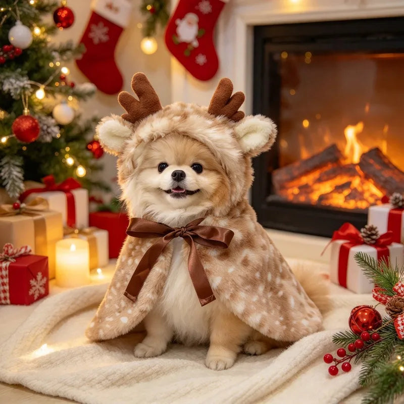 Christmas Pet Reindeer Cape Costume Outfit Hat Accessory For Dogs Cats Holiday Party Dress Up Pet Transform Decorative Supplies