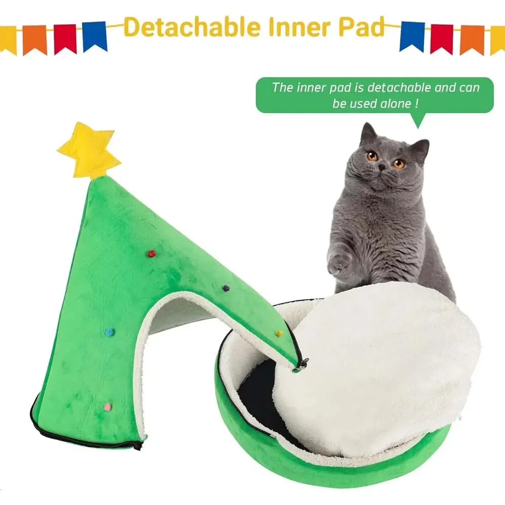 Creative Christmas Tree Cat Nest Winter Thicken Warmth Semi-closed Pet House Wtih Detachable Cushion Christmas Pet Supplies 숨숨집