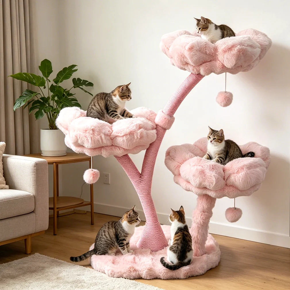 105cm Tall Pink Flower Cat Tree Tower with Scratching Post Wood Branch Cat Cushioned Bed Hanging Ball Toy Cat Scratching Post
