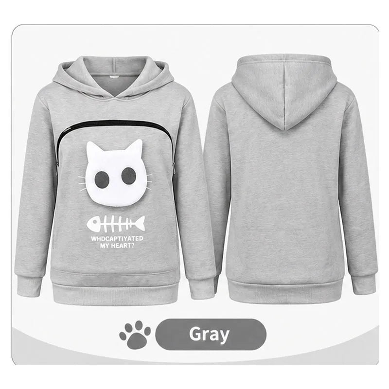 Cat Pouch Hoodie Women Winter Fleece Sweatshirt Large Pet Carrier Pocket Oversized Warm Soft Pullover Christmas Gift Cat