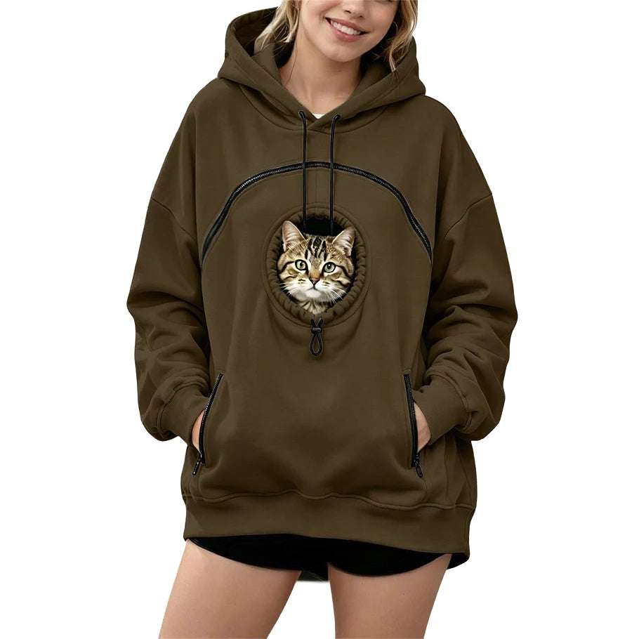 Women Pet Carrier Hoodie Long Sleeve Cat Warm Pullover Hooded Sweatshirt With Cat Pocket Oversized Pet Holding Drawstring Hoodie