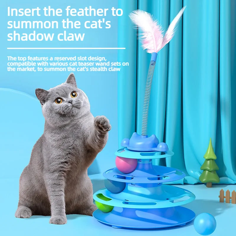 Cat Turntable Track Toy 4 Level Tower Interactive Play Toy With Feather Teaser For Kitten Cat