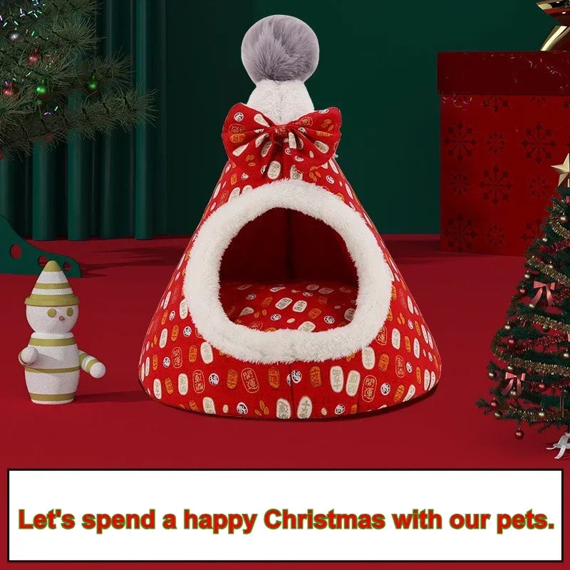 Creative Christmas Tree Cat Nest Winter Thicken Warmth Semi-closed Pet House Wtih Detachable Cushion Christmas Pet Supplies 숨숨집