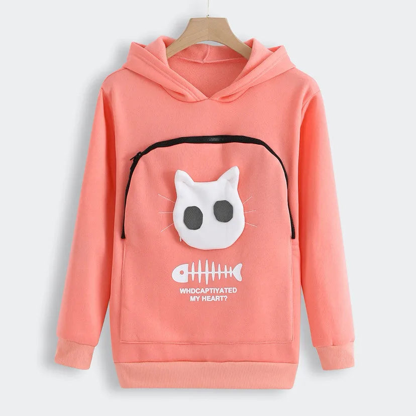 Cat Pouch Hoodie Women Winter Fleece Sweatshirt Large Pet Carrier Pocket Oversized Warm Soft Pullover Christmas Gift Cat