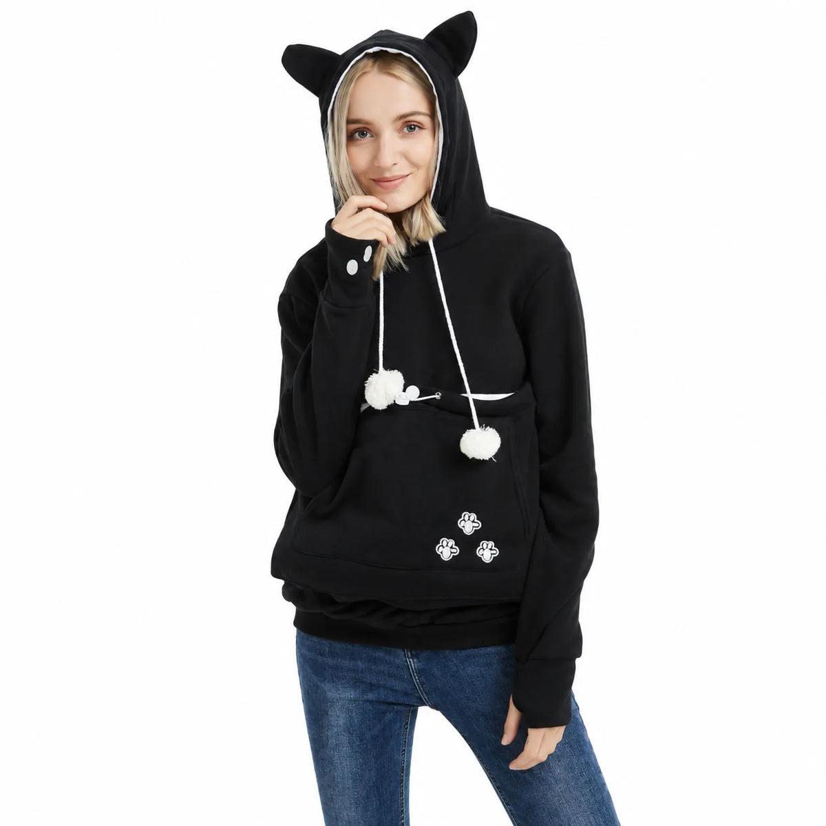 Women Fleece Hoodie Large Pet Pocket Cat Carrier Sweatshirt Winter Warm Oversized Soft Pullover Cozy Casual Top for Cat Lovers