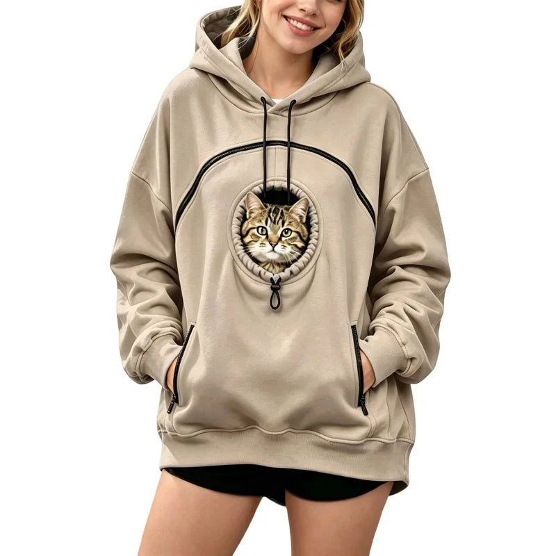 Women Pet Carrier Hoodie Long Sleeve Cat Warm Pullover Hooded Sweatshirt With Cat Pocket Oversized Pet Holding Drawstring Hoodie