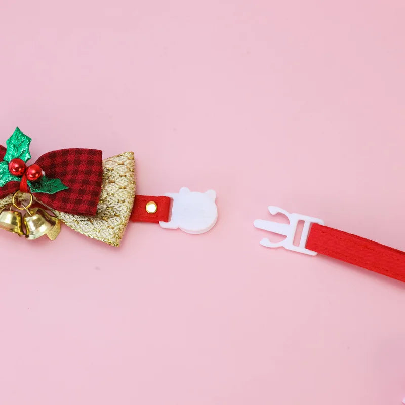 Christmas Pet Collar with Bow Tie Bells, Adjustable Breakaway Cat Dog Collar, Xmas Holiday Neck Decoration for Small Medium Pets
