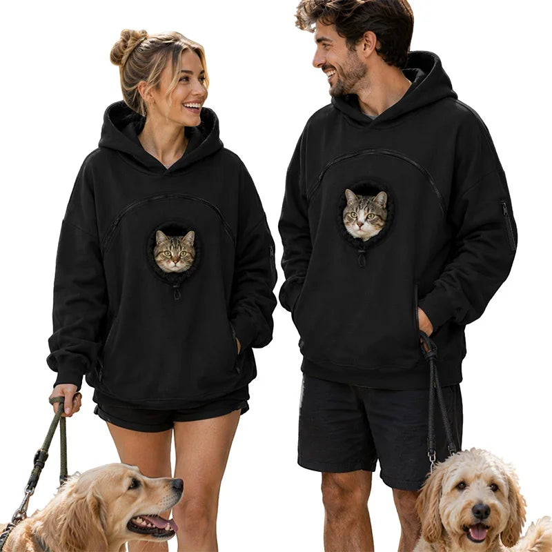 Women Pet Carrier Hoodie Long Sleeve Cat Warm Pullover Hooded Sweatshirt With Cat Pocket Oversized Pet Holding Drawstring Hoodie
