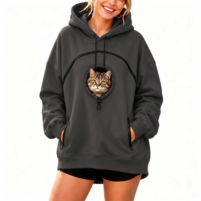 Women Pet Carrier Hoodie Long Sleeve Cat Warm Pullover Hooded Sweatshirt With Cat Pocket Oversized Pet Holding Drawstring Hoodie