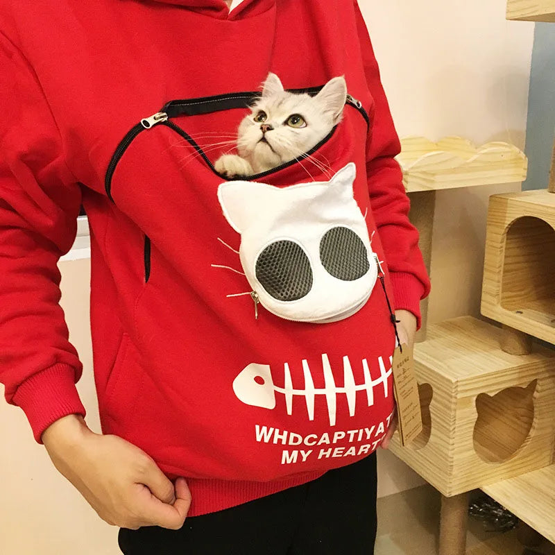 Cat Pouch Hoodie Women Winter Fleece Sweatshirt Large Pet Carrier Pocket Oversized Warm Soft Pullover Christmas Gift Cat