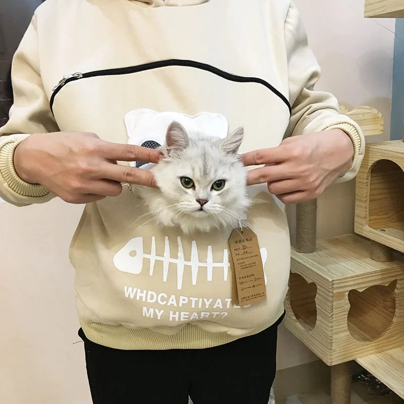 Cat Pouch Hoodie Women Winter Fleece Sweatshirt Large Pet Carrier Pocket Oversized Warm Soft Pullover Christmas Gift Cat