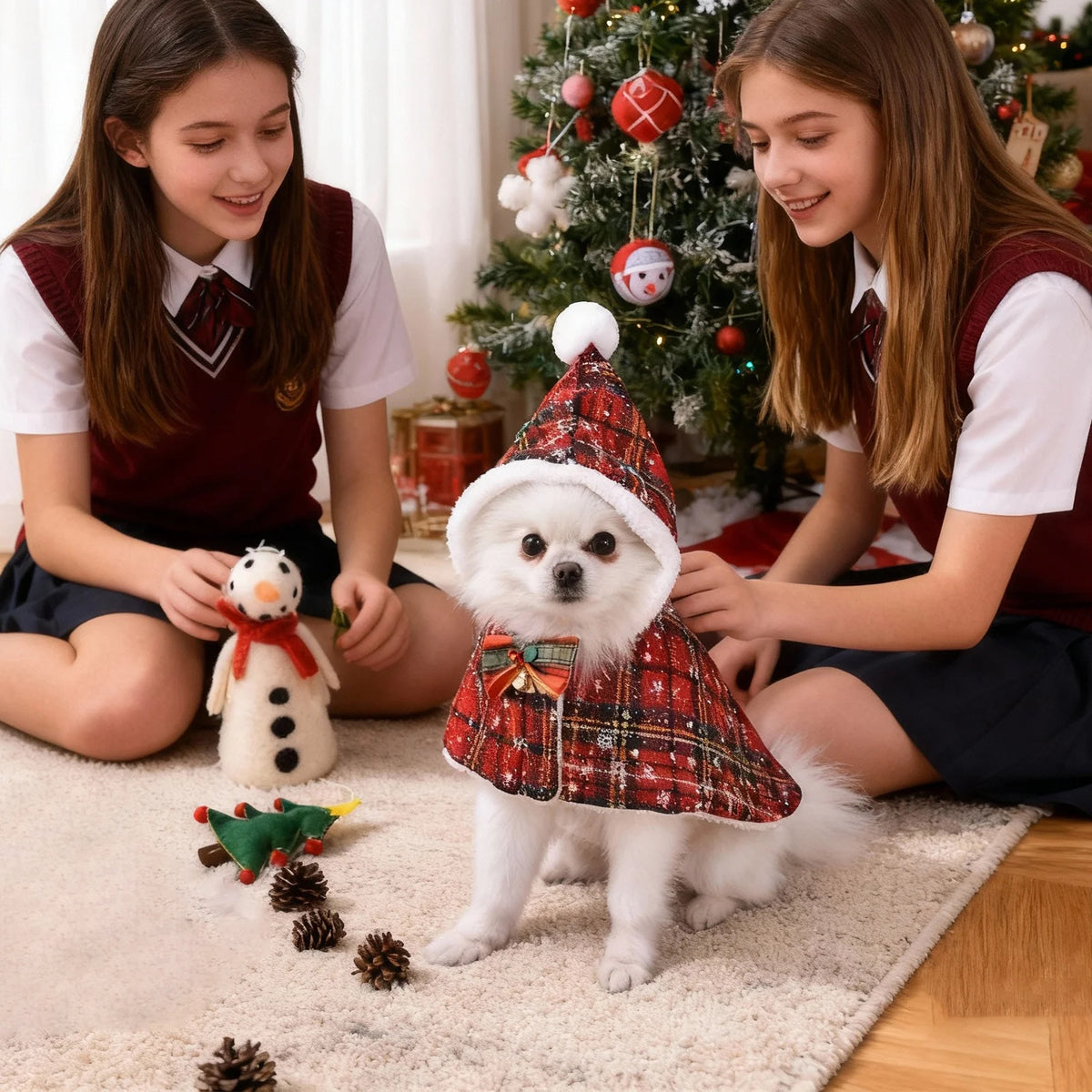 Pet Christmas Cape Christmas Plaid Pet Cape with Hood Festive Cosplay Cloak Warm Fleece Lined Costume for Dogs Cats Accessories