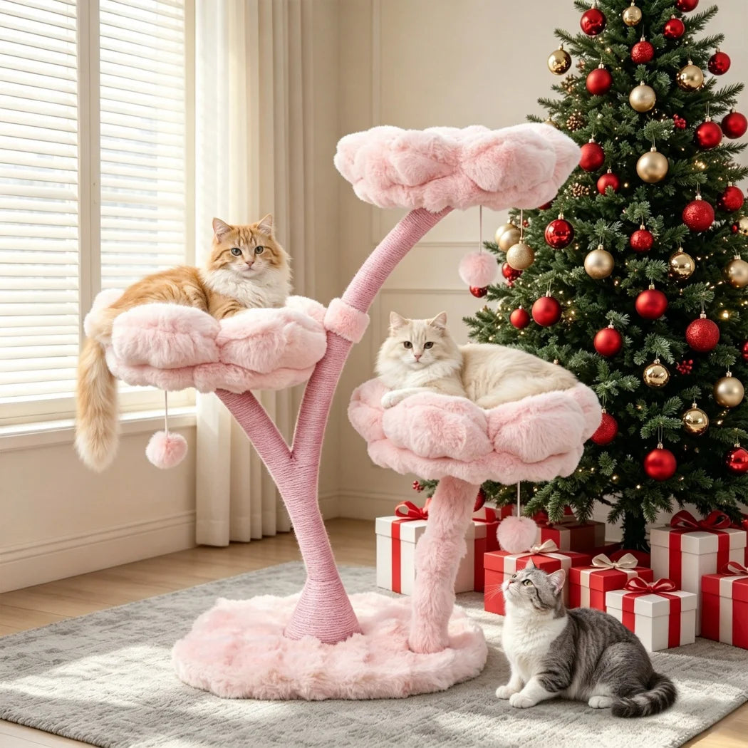 105cm Tall Pink Flower Cat Tree Tower with Scratching Post Wood Branch Cat Cushioned Bed Hanging Ball Toy Cat Scratching Post