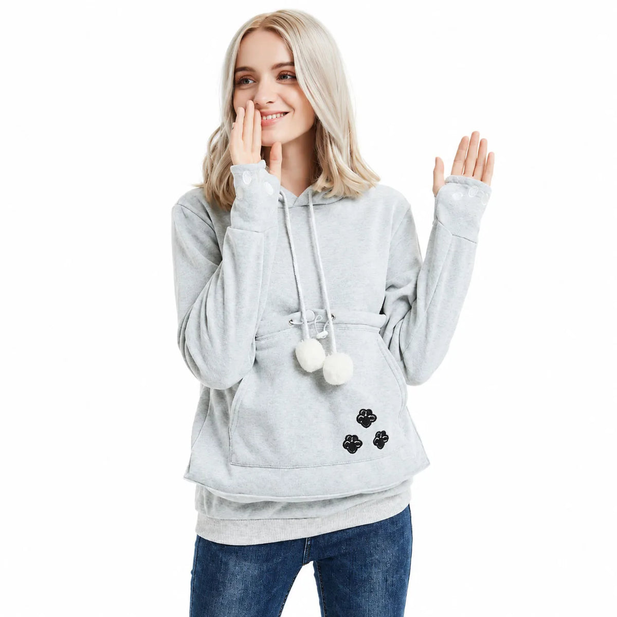 Women Fleece Hoodie Large Pet Pocket Cat Carrier Sweatshirt Winter Warm Oversized Soft Pullover Cozy Casual Top for Cat Lovers
