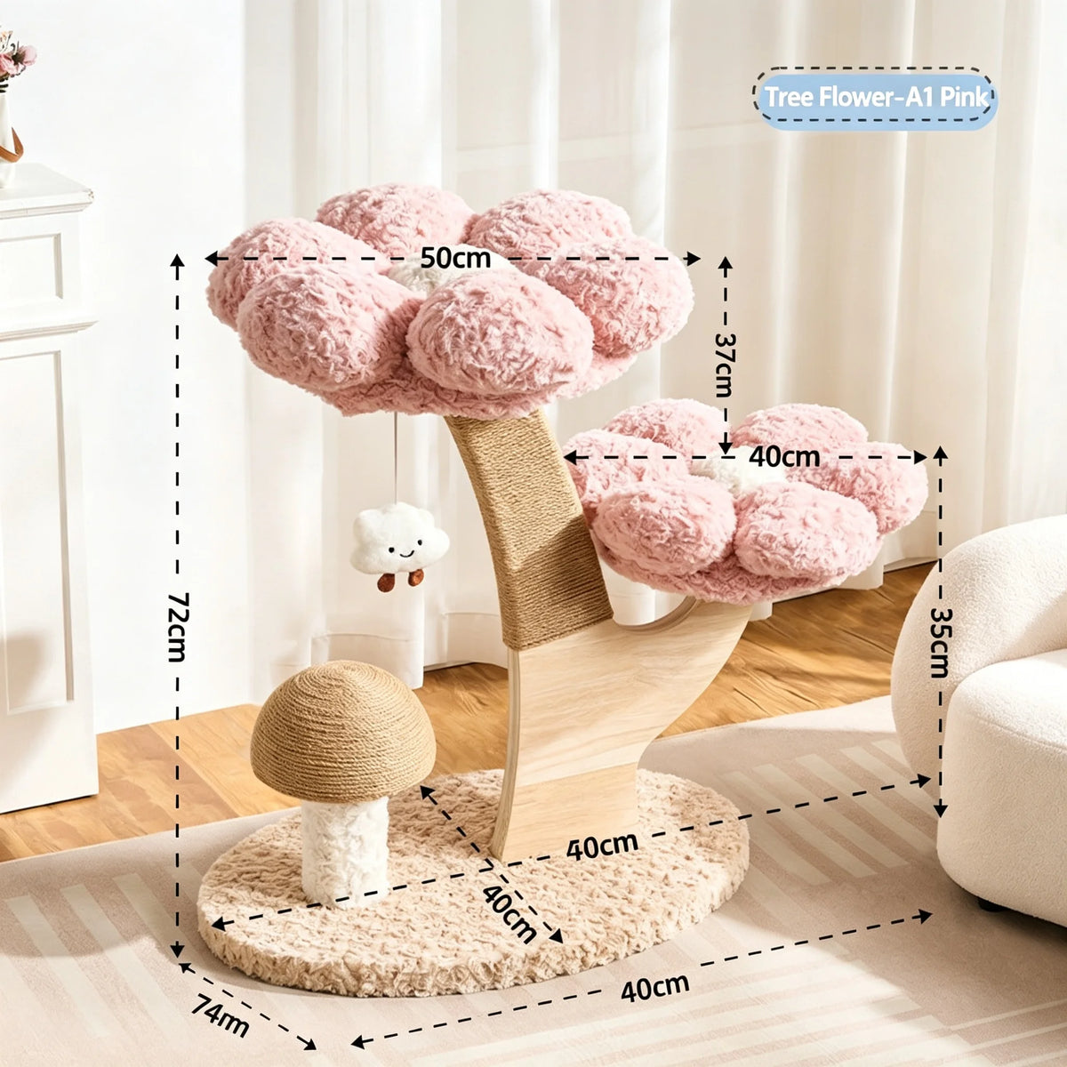 105cm Tall Pink Flower Cat Tree Tower with Scratching Post Wood Branch Cat Cushioned Bed Hanging Ball Toy Cat Scratching Post