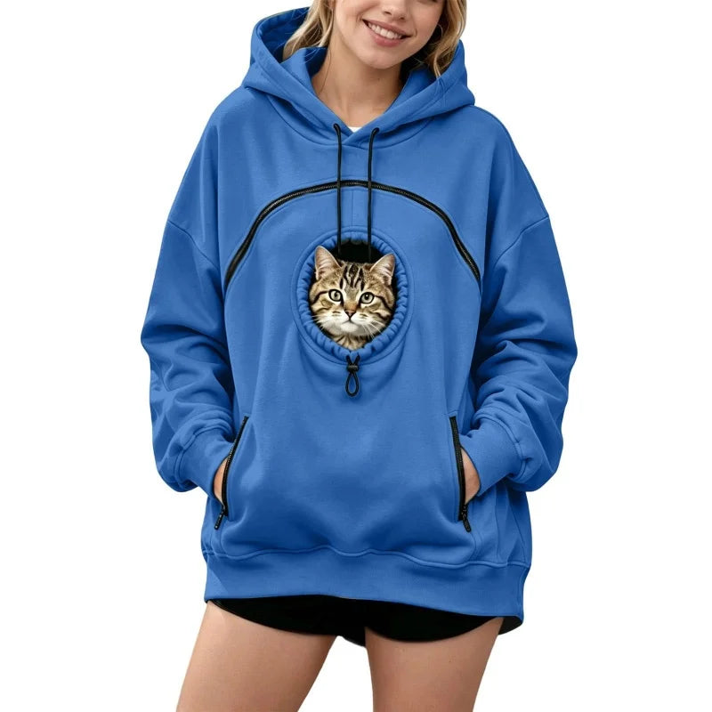 Women Pet Carrier Hoodie Long Sleeve Cat Warm Pullover Hooded Sweatshirt With Cat Pocket Oversized Pet Holding Drawstring Hoodie