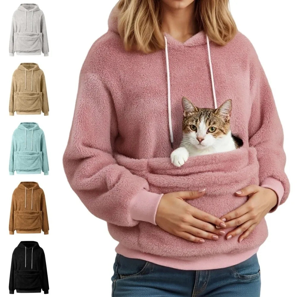 Solid Color Women Pet Carrier Hoodie Hooded Double Pocket Hoodie Soft Comfortable Loose Fit Hooded Sweatshirt Dog Walker