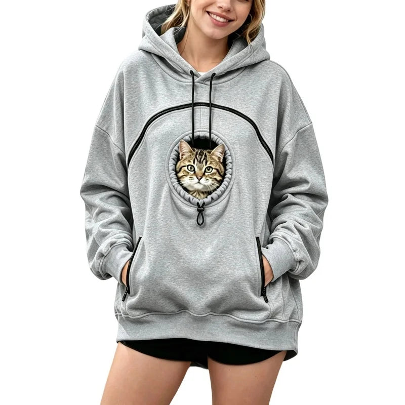 Women Pet Carrier Hoodie Long Sleeve Cat Warm Pullover Hooded Sweatshirt With Cat Pocket Oversized Pet Holding Drawstring Hoodie