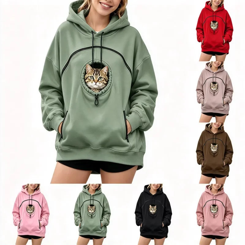 Women Pet Carrier Hoodie Long Sleeve Cat Warm Pullover Hooded Sweatshirt With Cat Pocket Oversized Pet Holding Drawstring Hoodie