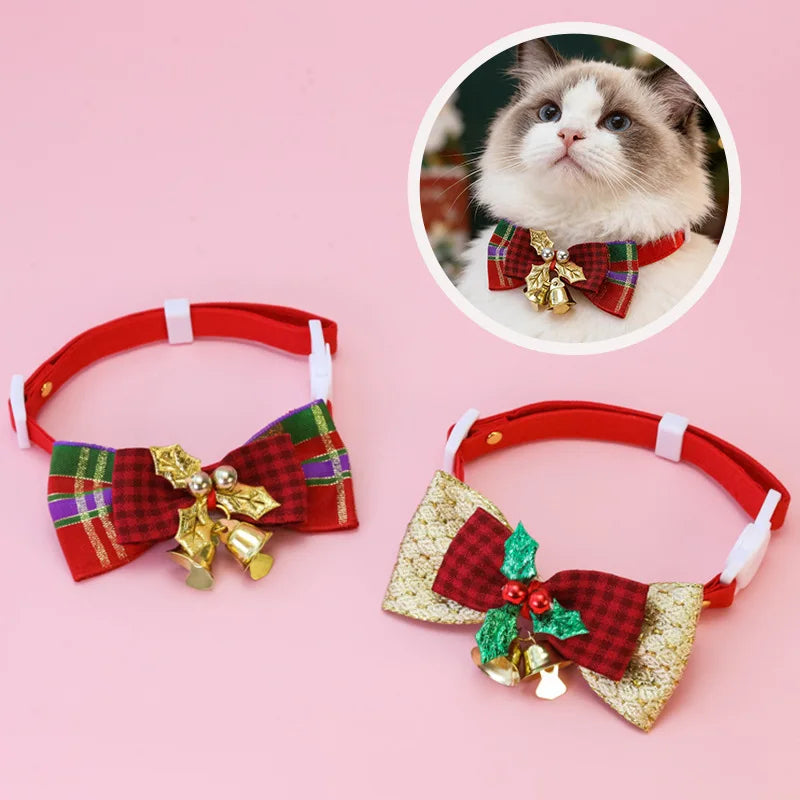 Christmas Pet Collar with Bow Tie Bells, Adjustable Breakaway Cat Dog Collar, Xmas Holiday Neck Decoration for Small Medium Pets