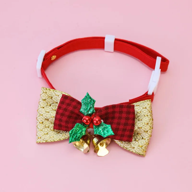 Christmas Pet Collar with Bow Tie Bells, Adjustable Breakaway Cat Dog Collar, Xmas Holiday Neck Decoration for Small Medium Pets